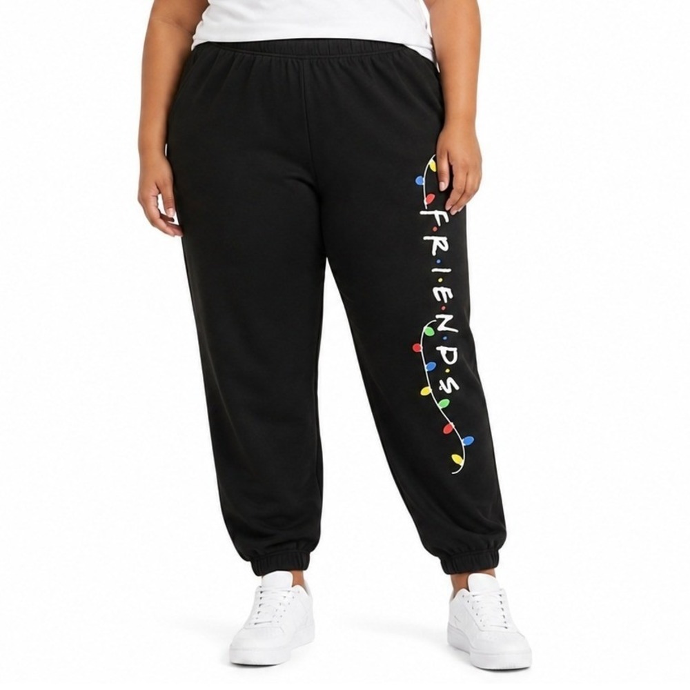 Friends TV Show Holiday Jogger Pant 2X Black Christmas Lights Graphic Sweatpants